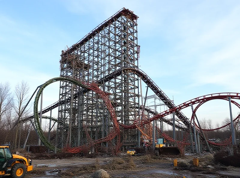 Demolition of a towering rollercoaster, Kingda Ka, at Six Flags in New Jersey, showing the structure partially dismantled with construction equipment surrounding it.