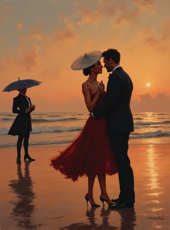 A painting in the style of Jack Vettriano, showing a couple dancing on a beach with a butler and maid holding umbrellas in the background, set against a twilight sky.