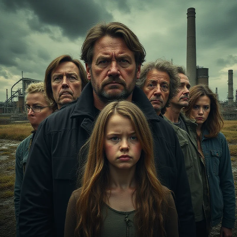 A promotional image for the Netflix series Toxic Town, featuring concerned faces of parents and children with a backdrop of industrial landscapes and polluted skies.