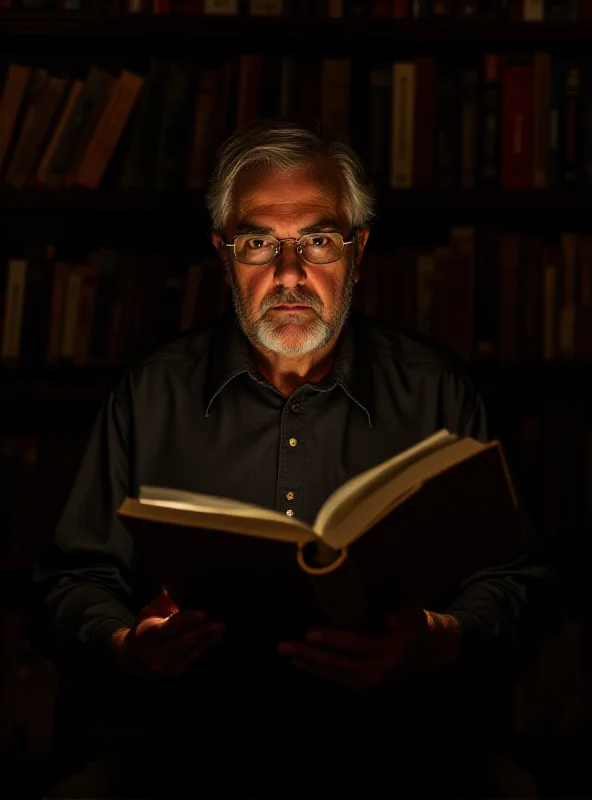 AI-generated image of Fernando Aramburu thoughtfully looking at a book