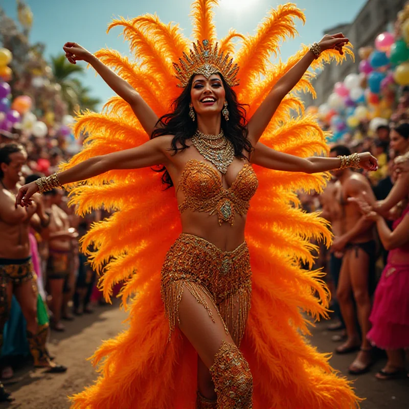 AI-generated image of Irina Shayk in a vibrant samba costume at the Rio Carnival