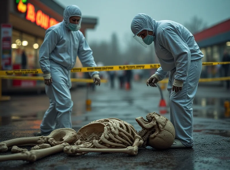 Forensic team examining a skeleton near a supermarket