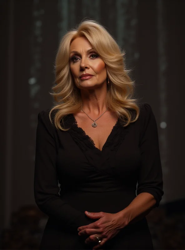 A photo of Dolly Parton looking somber and reflective, with a subtle, respectful expression.