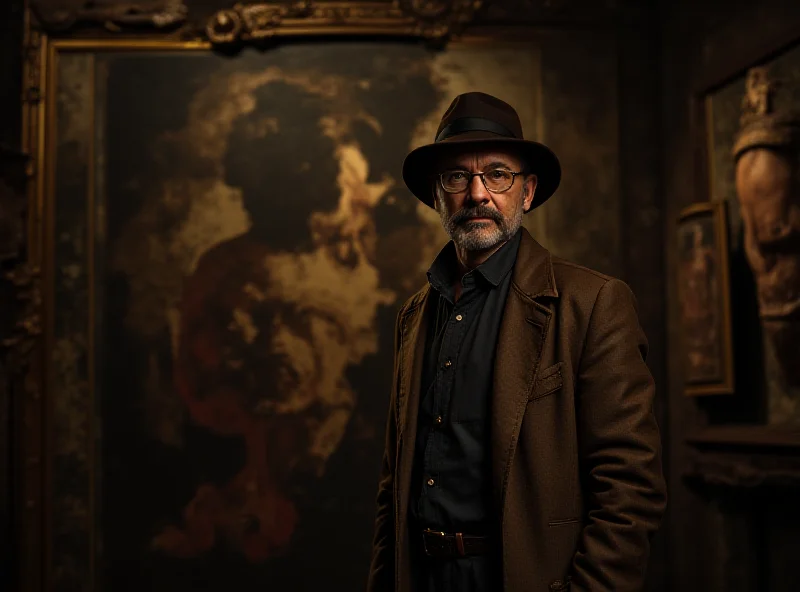 Arthur Brand, the art detective, standing in front of a recovered painting in a dimly lit room, looking triumphant.