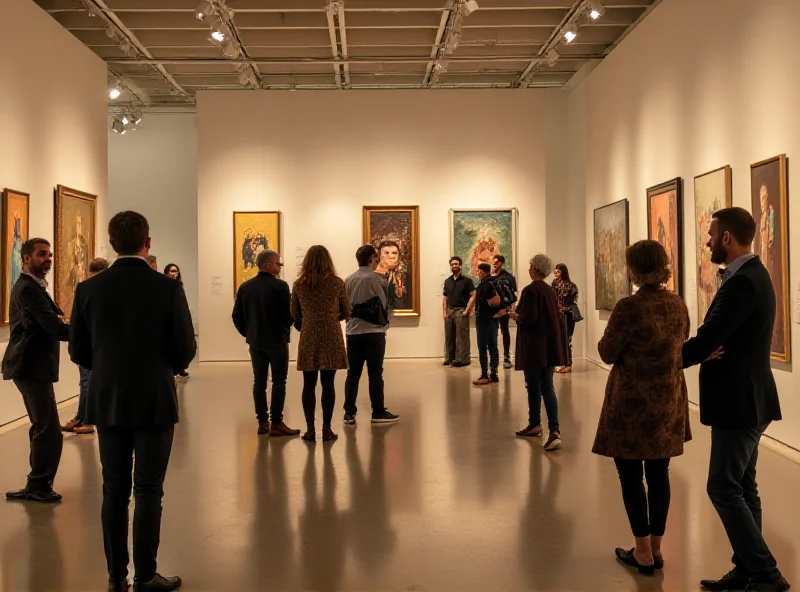 A modern art gallery with people admiring various paintings and sculptures