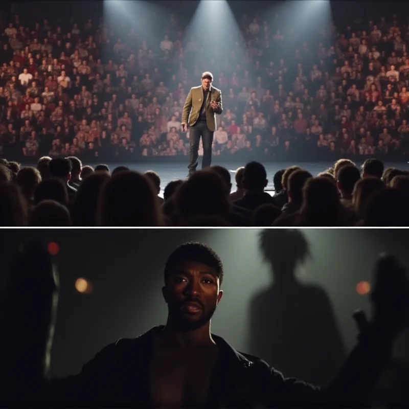 A collage of images representing the three news stories: Justin Timberlake on stage, Kanye West in a concert setting, and Damiano David from a music video.