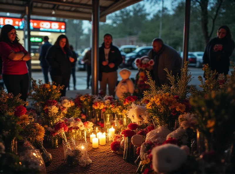 A memorial at a car wash, with flowers and candles, honoring G$ Lil Ronnie and his daughter.