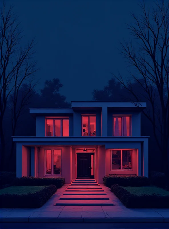 A stylized image of a house with flashing police lights, representing the home invasion of Amouranth.