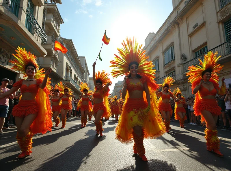 A vibrant samba school parade in Rio de Janeiro with dancers in colorful costumes.