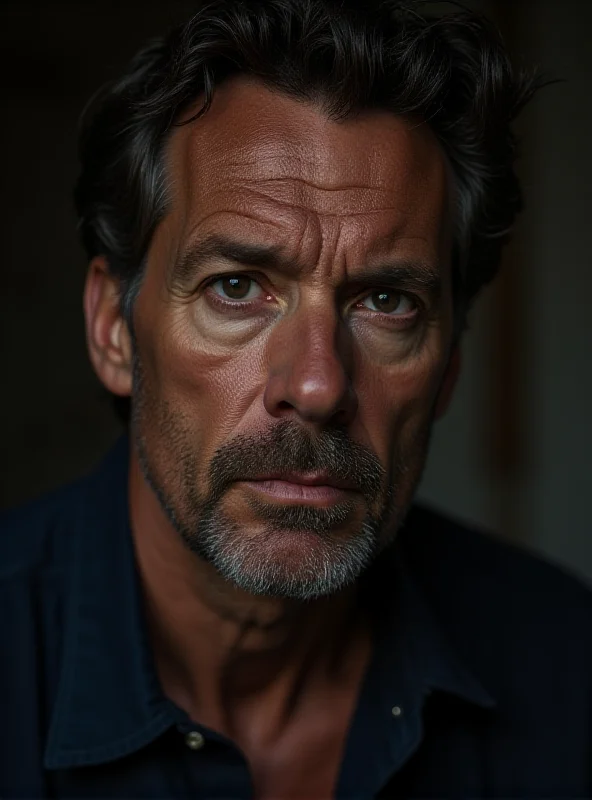 A dramatic portrait of Silvero Pereira, an actor with a serious and determined expression.