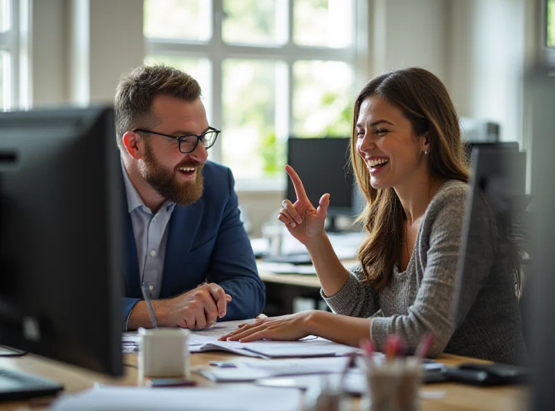 An office scene with a man and a woman laughing together at their desks.