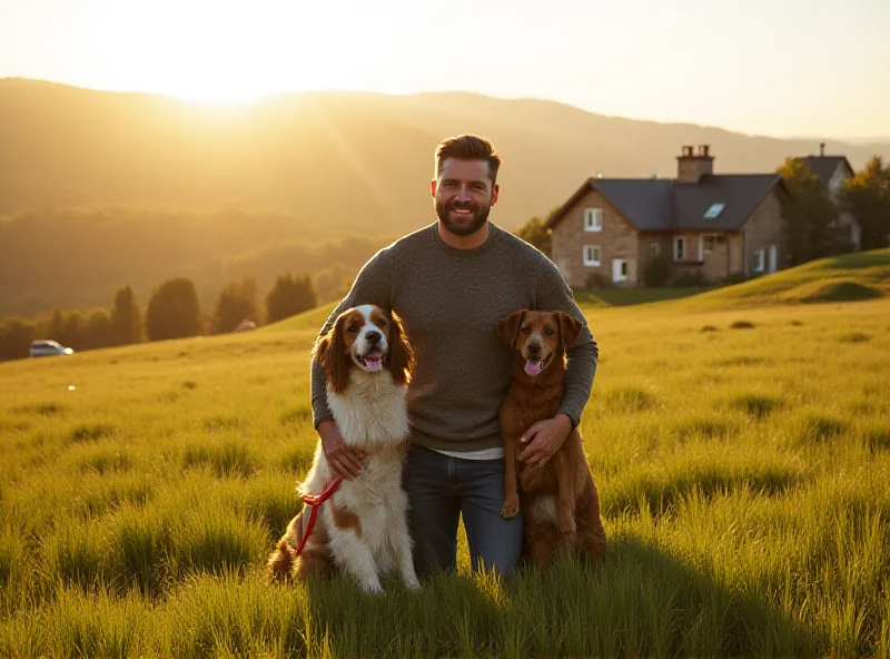 David Beckham smiling with his arms around four dogs in a grassy field.