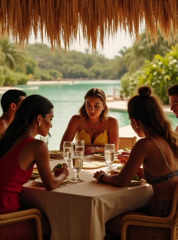 A scene from HBO's 'White Lotus' with a group of characters sitting around a table, engaged in a tense conversation, with a luxurious resort setting in the background.