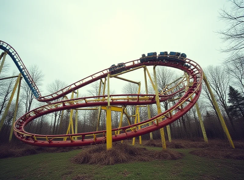 A slightly faded photograph of a small rollercoaster at a Welsh theme park. The coaster is old and painted in bright colours. The sky is overcast.