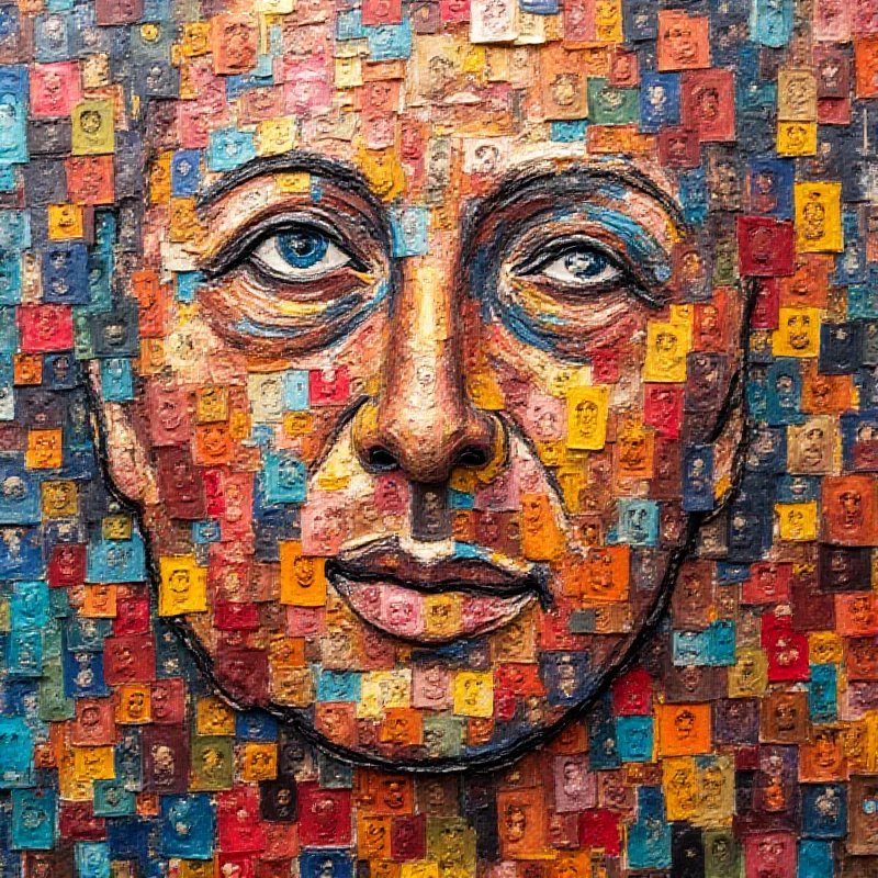 Close-up of a colourful, abstract artwork composed of many small portraits. Each portrait depicts a different resident of St. Davids, Wales. The overall effect is vibrant and community-focused.