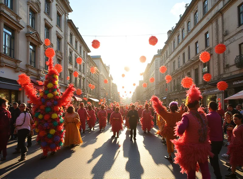 A vibrant carnival parade scene with colorful floats and costumes