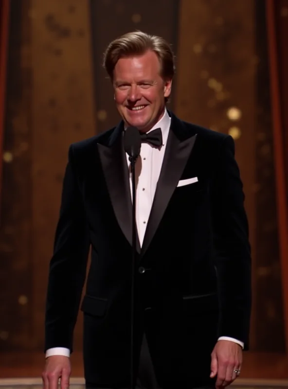 Conan O'Brien hosting the Oscars, smiling and telling a joke.