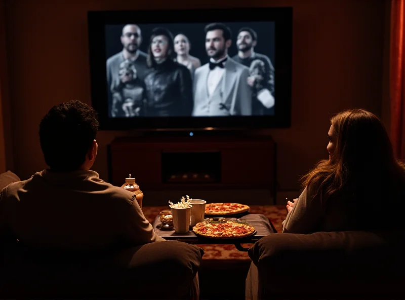 A cozy living room scene with friends gathered around a TV watching the Oscars, with various snacks and drinks on a coffee table.