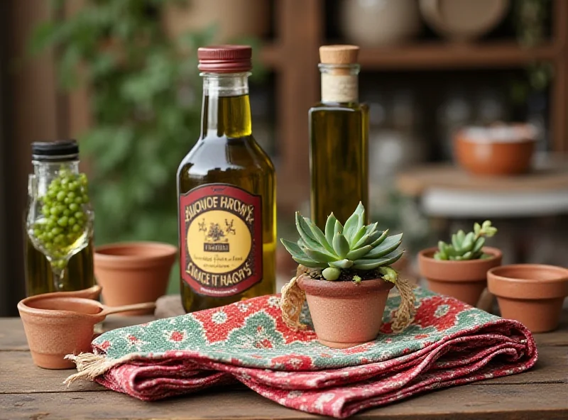 A selection of unique dinner party gifts, including artisanal olive oil, colorful tea towels, and a small potted plant.