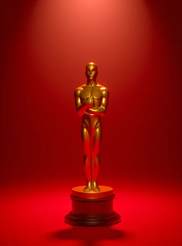 A golden Oscar statuette standing on a red carpet with spotlights shining in the background.