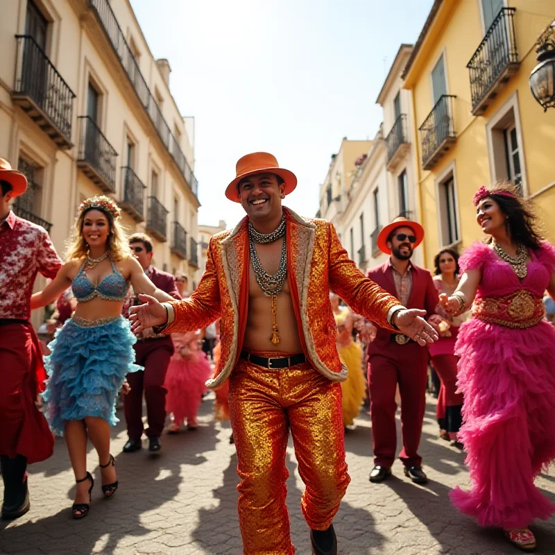 A diverse crowd of people in colorful Carnival costumes dancing in the streets.