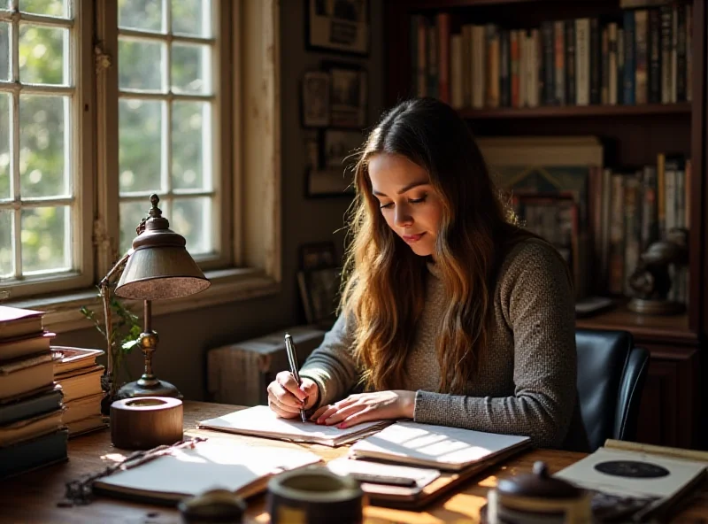 A woman sitting at a desk writing in a journal.