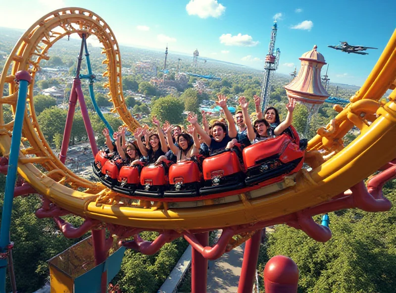 A rollercoaster winding through a theme park with colorful buildings and a clear blue sky.