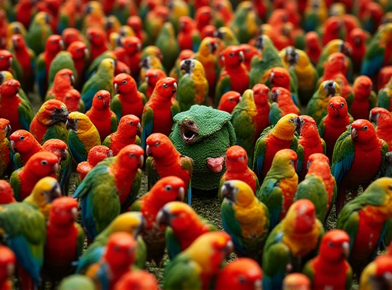 A challenging brainteaser showing a flock of colourful parrots with a hidden chameleon.