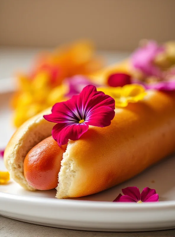 A close-up photo of a hot dog decorated with vibrant, colorful flower petals, placed on a white plate.