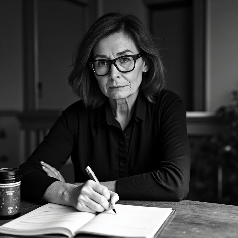 A black and white photo of Joan Didion sitting and writing at a table, focused and thoughtful.