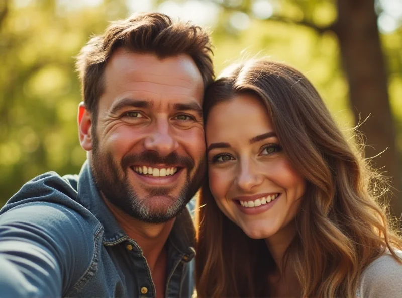 A smiling actor posing for a selfie with his teenage daughter, showcasing a clear family resemblance. The background is a softly blurred outdoor setting.