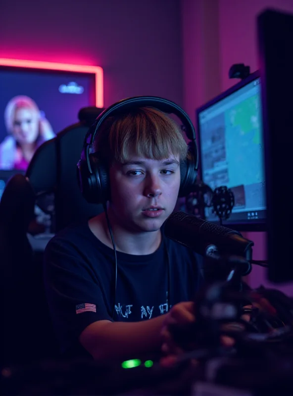 A close-up shot of a Twitch streamer intensely focused on their game, wearing headphones.