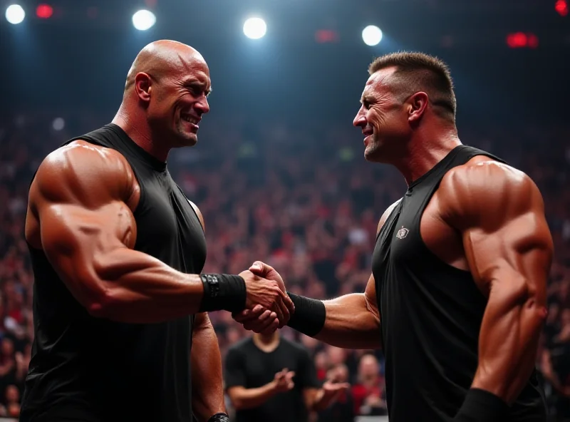 John Cena shaking hands with The Rock in a wrestling ring, both looking menacing.