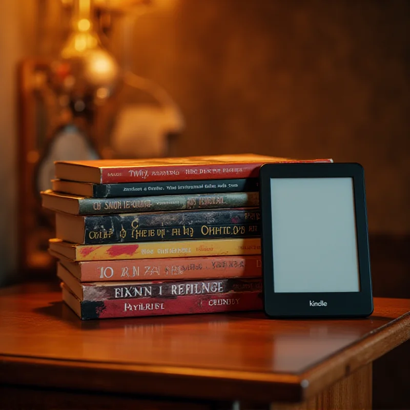 A stack of romance novels on a nightstand next to a Kindle e-reader.