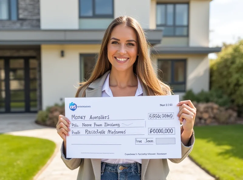 A woman smiling and holding a large novelty check for £500,000