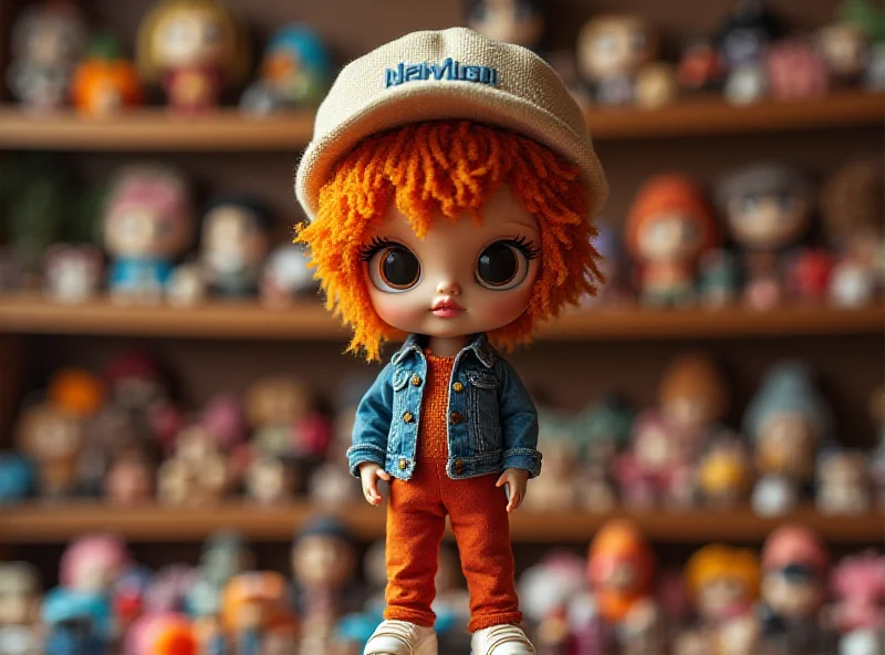 Close-up of a Labubu doll with a trendy outfit, surrounded by other dolls and accessories on a shelf.