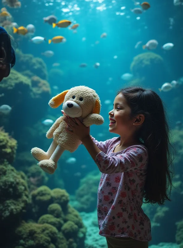 Image of a child being reunited with a stuffed animal, with an aquarium in the background