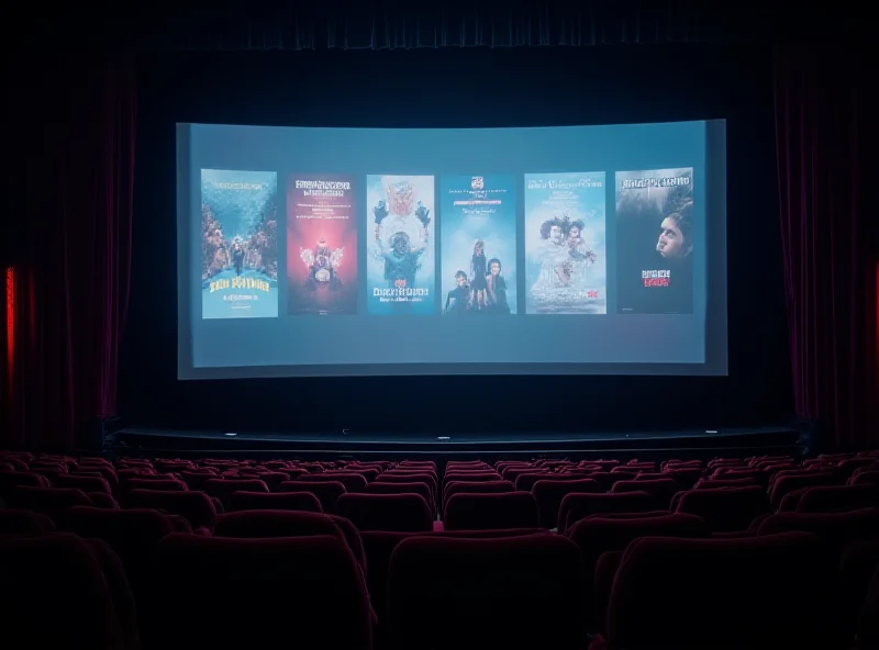 Empty cinema screen with advertising banners visible