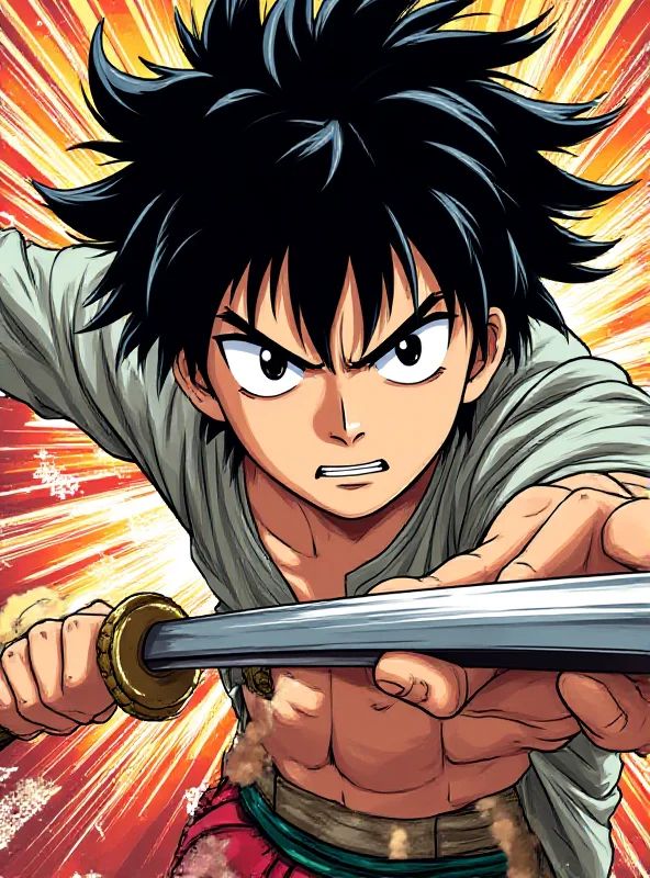 A close-up of a manga panel with vibrant colors and dynamic action lines, showcasing a character wielding a sword.