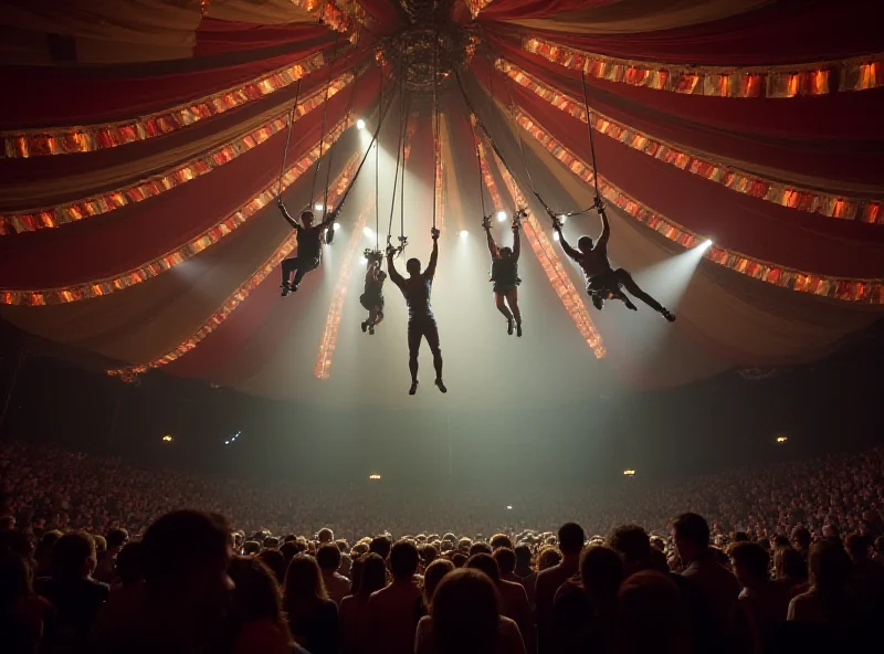 A wide shot of a circus performance with acrobats suspended in the air under a brightly lit tent.