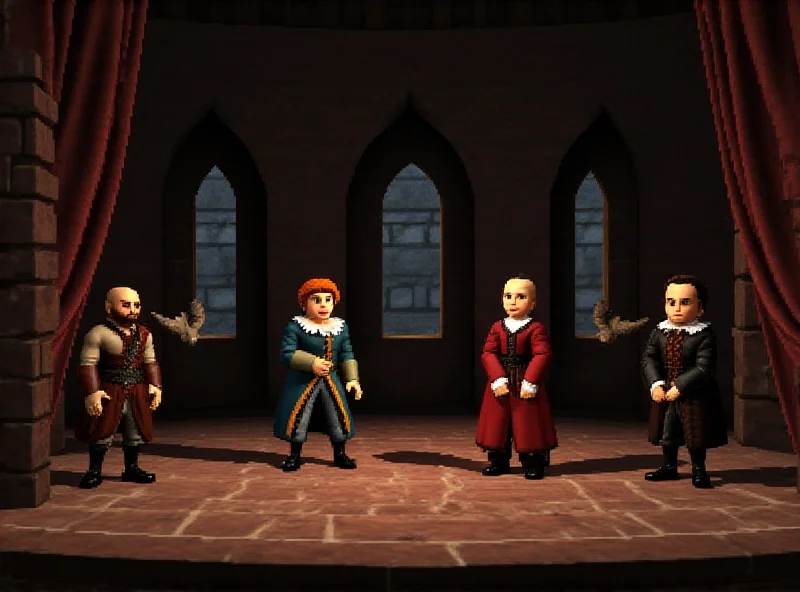 A screenshot from a video game showing characters dressed in Shakespearean costumes performing on a virtual stage.