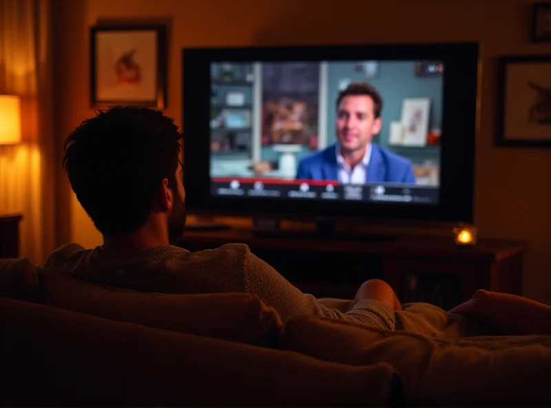 A person relaxing on a couch, watching YouTube on a large screen TV. The image on the screen is of a talk show, possibly Maury.