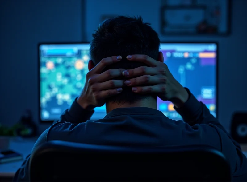 A frustrated gamer sits in front of a computer screen, hands on their head, looking defeated after struggling with a difficult video game level.