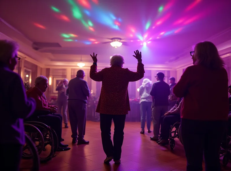 A 105-year-old woman dancing at a rave in a retirement home, surrounded by other residents and strobe lights.