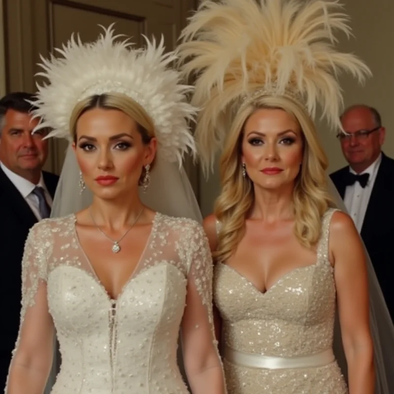 A still from a wedding video showing the bride and her mother. The mother is wearing a very elaborate dress with glitter, feathers, and a large hat.