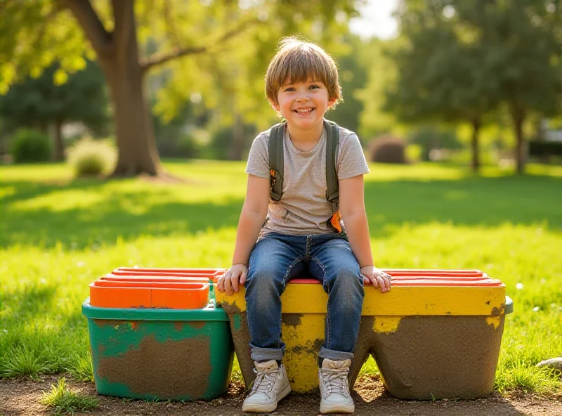 Teddy sitting on his buddy bench, smiling