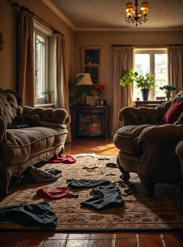 A modern living room with scattered clothes and jewelry on the floor, suggesting a theft has occurred