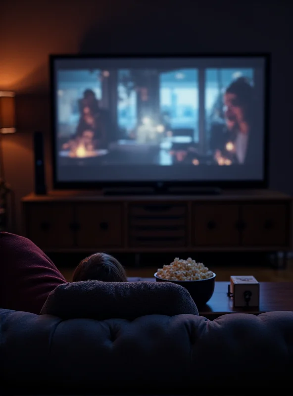 A person relaxing on a couch with a bowl of popcorn, watching a movie on a large screen TV, illuminated by the screen's glow.