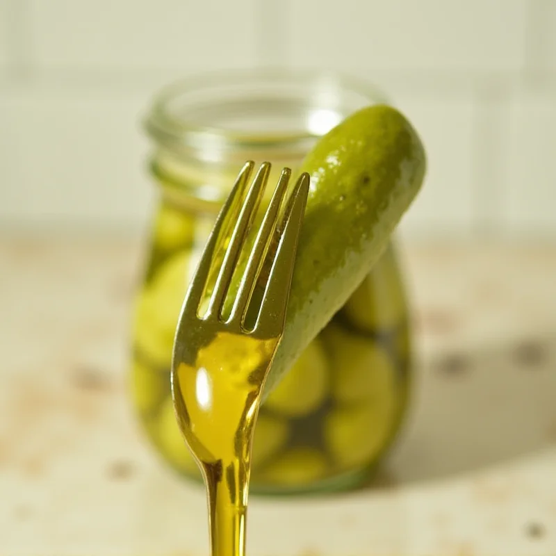 A close-up shot of a gleaming pickle fork, with a jar of pickles slightly out of focus in the background.