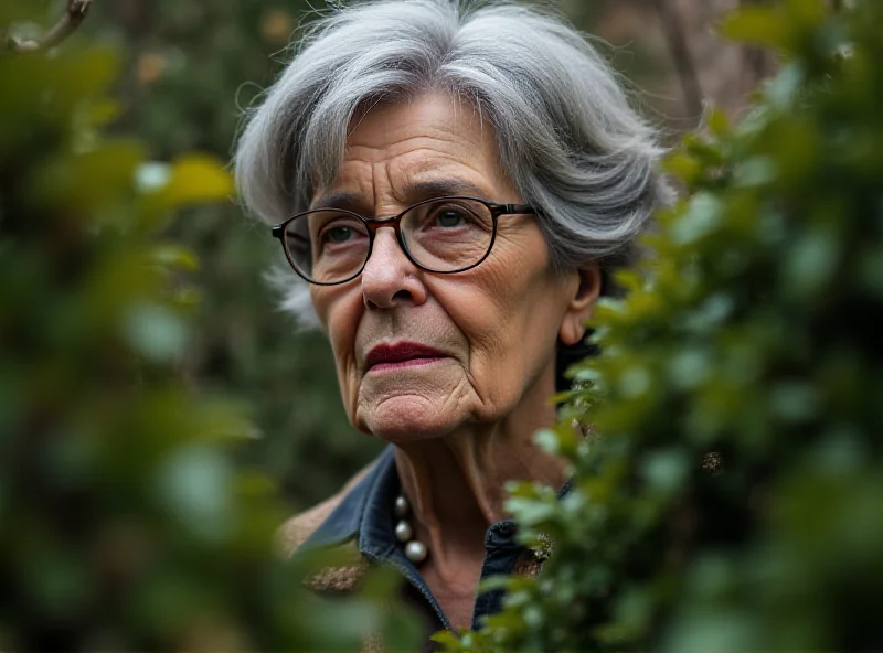 Helen Garner in her garden, thoughtfully looking at a pruned bush